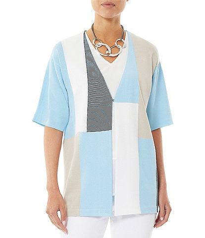 Ming Wang Cardy Colorblock Soft Knit Open Neck Elbow Length Sleeve Cardigan