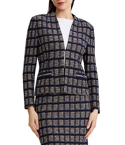 Ming Wang Checkered Print Knit Modified Mandarin Collar Long Sleeve Coordinating Jacket