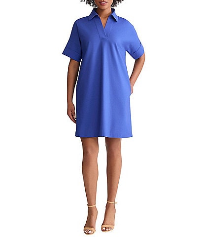 Ming Wang Collar Split V-Neck Short Sleeve Shirt Dress