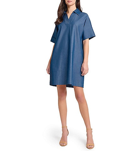 Ming Wang Collar Split V-Neck Short Sleeve Shirt Dress