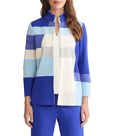 Ming Wang Colorblock Knit Mandarin Collar Bracelet Sleeve Jacket