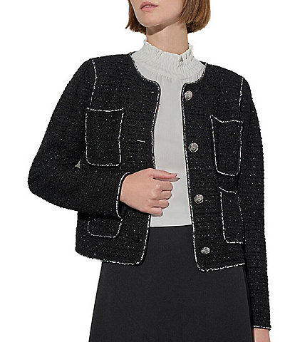 Ming Wang Contrast Edge Trim Tweed Knit Round Neck Long Sleeve Patch Pocket Button-Front Statement Jacket