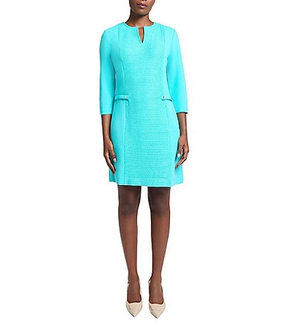 Ming Wang Contrast Panel Soft Knit Split Round Neck 3/4 Sleeve Sheath Dress