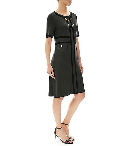 Ming Wang Contrast Trim Chain Button Detail Jewel Neck Short Sleeve Knit Dress