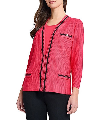 Ming Wang Contrast Trim Knit V-Neck Bracelet Sleeve Jacket