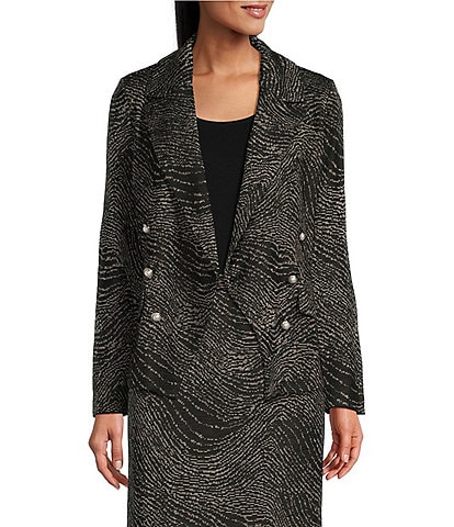 Ming Wang Coordinating Jacquard Knit Swirl Print Notch Lapel Long Sleeve Double Breasted Blazer