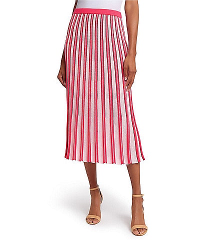 Ming Wang Coordinating Pointelle Striped Ribbed Knit Elastic Waist A-Line Midi Skirt