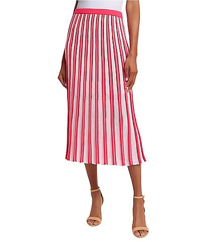 Ming Wang Coordinating Pointelle Striped Ribbed Knit Elastic Waist A-Line Midi Skirt