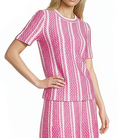 Ming Wang Coordinating Multi-Pattern Soft Knit Crew Neck Short Sleeve Top