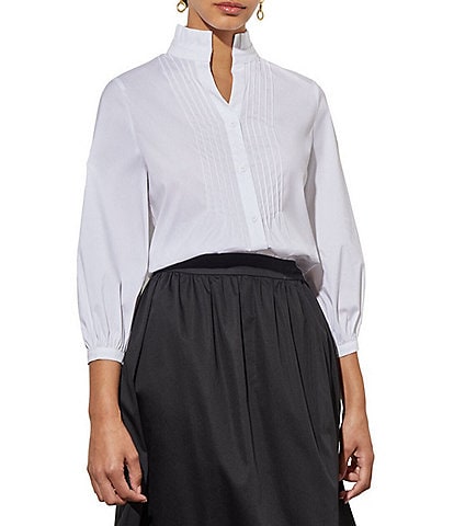 Ming Wang Cotton Blend Stand Ruffled Split V-Neck 3/4 Sleeve Pleated Button-Front Blouse