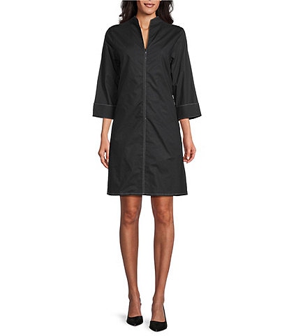 Ming Wang Cotton Mandarin Collar Zip Front 3/4 Sleeve Dress
