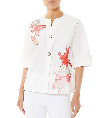 Ming Wang Cotton Poplin Woven Watercolor Floral Print Round V-Neck 3/4 Sleeve Button Front Blouse