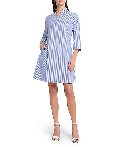 Ming Wang Cotton Stripe Mandarin Collar Zip Front 3/4 Sleeve Dress