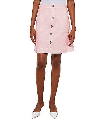 Ming Wang Cotton Tencel™ Side Zip Patch Pocket Button Front A-Line Mini Skirt