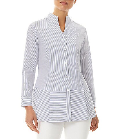 Ming Wang Cotton Woven Pinstripe Print Mandarin Collar Long Sleeve Peplum Hem Blouse