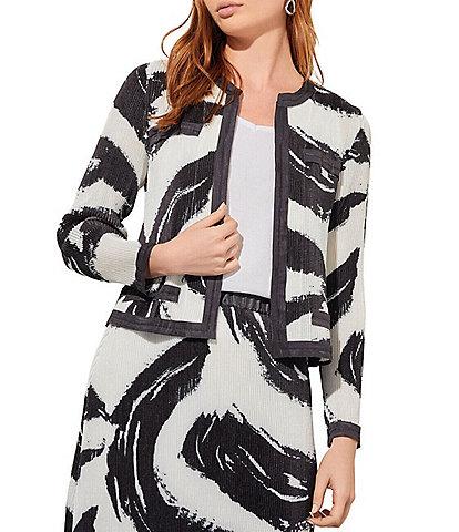 Ming Wang Crepe De Chine Abstract Brushstroke Print Round Neck Long Sleeve Contrast Trim Coordinating Jacket