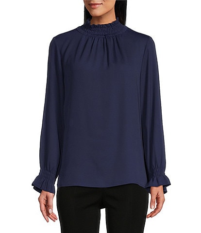 Ming Wang Crepe de Chine Charmeuse Mock Neck Long Sleeve Blouse