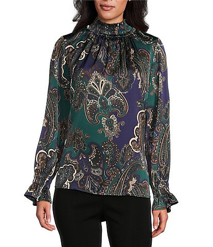 Ming Wang Crepe de Chine Charmeuse Paisley Print Mock Neck Long Sleeve Blouse