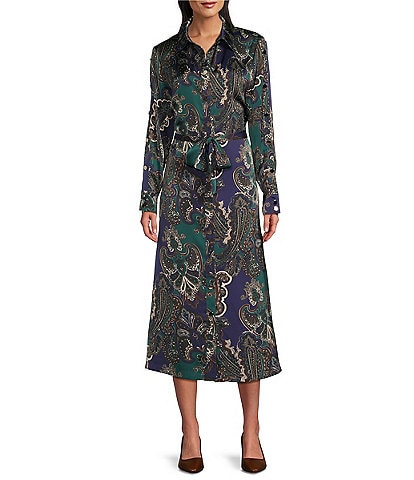 Ming Wang Crepe de Chine Charmeuse Paisley Print Point Collar Long Sleeve Self-Tie Button Front Maxi Shirt Dress