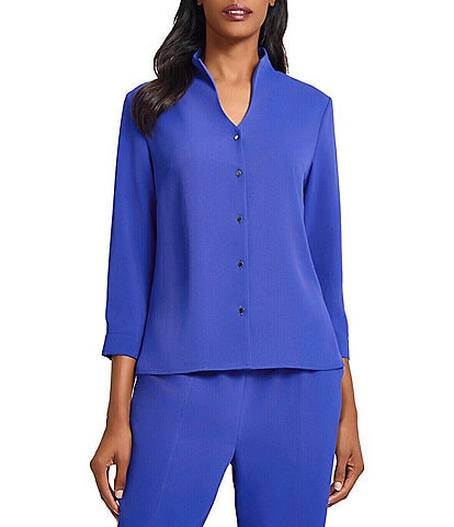 Ming Wang Crepe De Chine Collar V-Neck 3/4 Sleeve Button Front Blouse