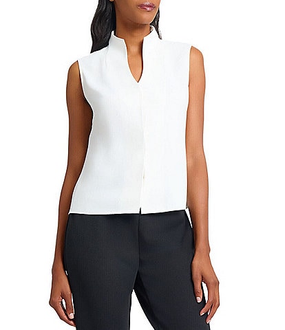 Ming Wang Crepe De Chine Mandarin V-Neck Sleeveless Button Front Tank