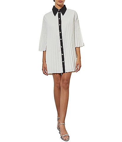 Ming Wang Crepe de Chine Pleated Contrast Trim Point Collar 3/4 Bell Sleeve Button-Front Shirt Dress