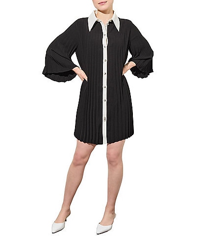 Ming Wang Crepe de Chine Pleated Contrast Trim Point Collar 3/4 Bell Sleeve Button-Front Shirt Dress