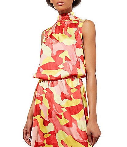 Ming Wang Crepe De Chine Abstract Print Pleated Smocked Mock Neck Sleeveless Side Slit Hem Coordinating Blouse