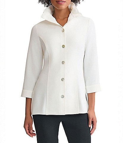 Ming Wang Crepe De Chine Ruffle Neck 3/4 Sleeve Button Front Top