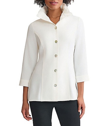 Ming Wang Crepe De Chine Ruffle Neck 3/4 Sleeve Button Front Top