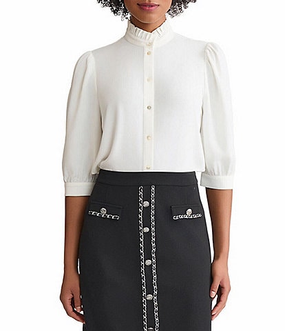 Ming Wang Crepe De Chine Ruffle Neck Elbow Sleeve Button Front Blouse