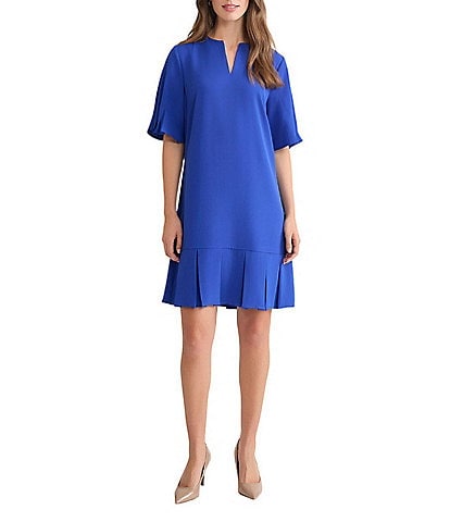 Ming Wang Crepe De Chine Split V-Neck Short Sleeve Pleated A-Line Dress