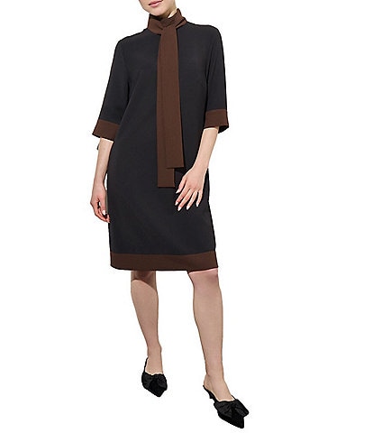 Ming Wang Crepe De Chine Two-Tone Mock Neck 3/4 Sleeve Shift Dress