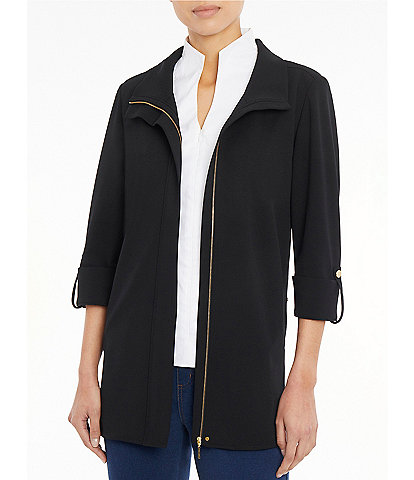 Ming Wang Deco Crepe 3/4 Sleeve Zip Front Jacket