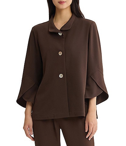 Ming Wang Deco Crepe Winged Collar Bell Sleeve Button Front Jacket