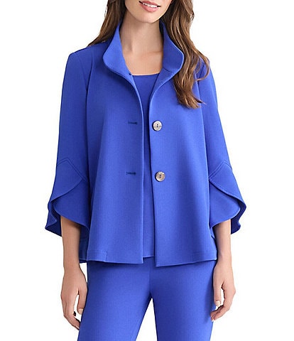 Ming Wang Deco Crepe Winged Collar Bell Sleeve Button Front Jacket