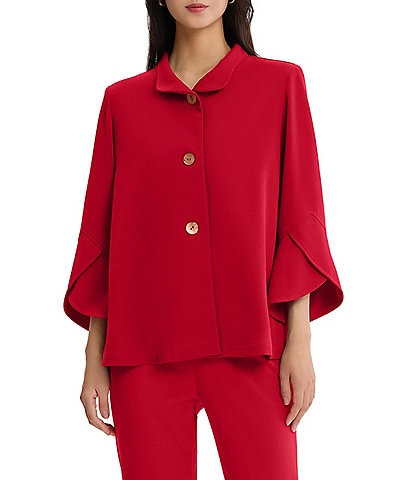 Ming Wang Deco Crepe Winged Collar Bell Sleeve Button Front Jacket