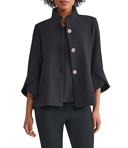 Ming Wang Deco Crepe Winged Collar Bell Sleeve Button Front Jacket