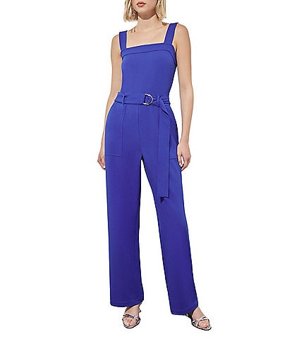 Ming Wang Deco Crepe Woven Square Neck Sleeveless Side Pocket Belted Jumpsuit