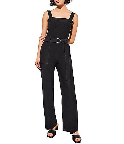 Ming Wang Deco Crepe Woven Square Neck Sleeveless Side Pocket Belted Jumpsuit