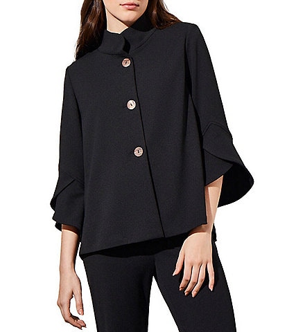 Ming Wang Deco Crepe Woven Stand Collar 3/4 Bell Sleeve Button Front Statement Jacket