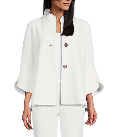 Ming Wang Deco Crepe Woven Stand Collar 3/4 Sleeve Button Front Statement Jacket