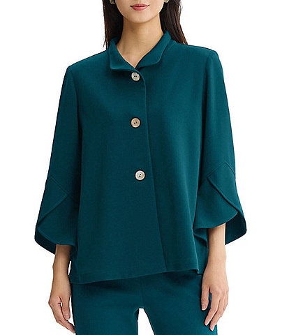 Ming Wang Deco Crepe Woven Stand Collar 3/4 Sleeve Button Front Statement Jacket