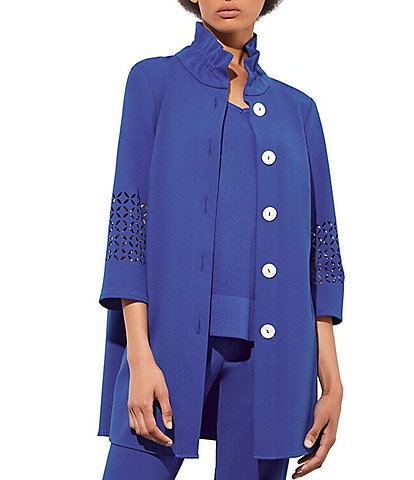 Ming Wang Deco Crepe Woven Stand Ruffle Collar 3/4 Sleeve Button-Front Long Jacket