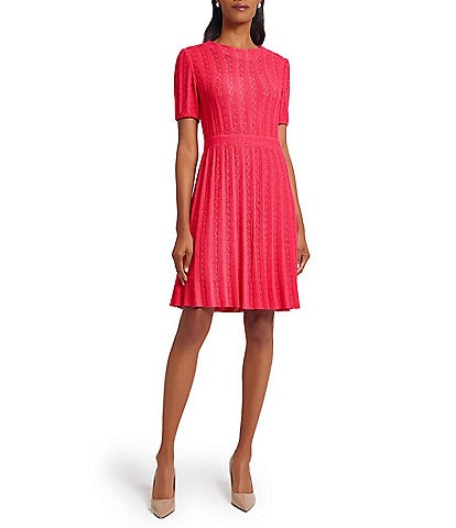 Ming Wang Diamond Pointelle Knit Round Neck Short Sleeve Fit-And-Flare Dress