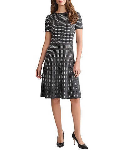 Ming Wang Digital Dash Soft Knit Round Neck Short Sleeve Fit-And-Flare Dress