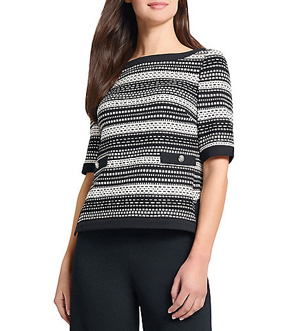 Ming Wang Digital Soft Knit Boat Neck Short Sleeve Top
