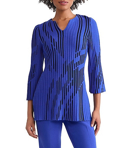 Ming Wang Dual-Tone Soft Knit Split V-Neck 3/4 Sleeve Tunic