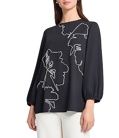 Ming Wang Embroidered Crepe De Chine Crew Neck Bracelet Sleeve Blouse