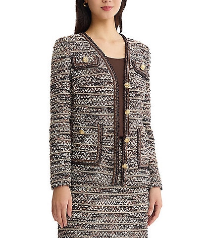Ming Wang Eyelash Tweed Knit Multicolored Long Sleeve Button-Front Coordinating Jacket